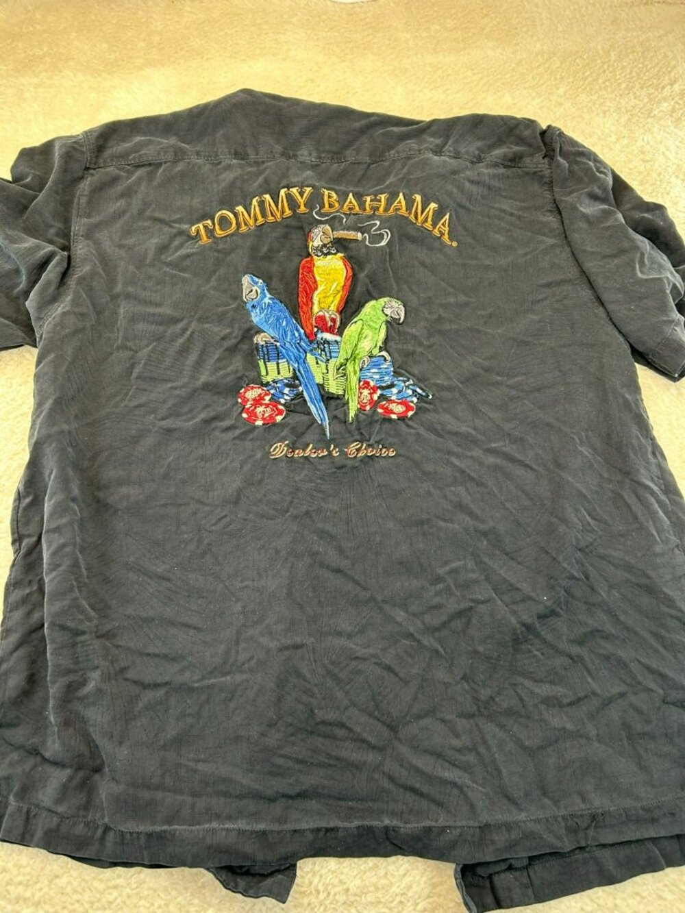 Tommy Bahama Mens Button-Down Shirt Black Large 100% Silk Dealers Choice Embroid - Picture 2 of 5